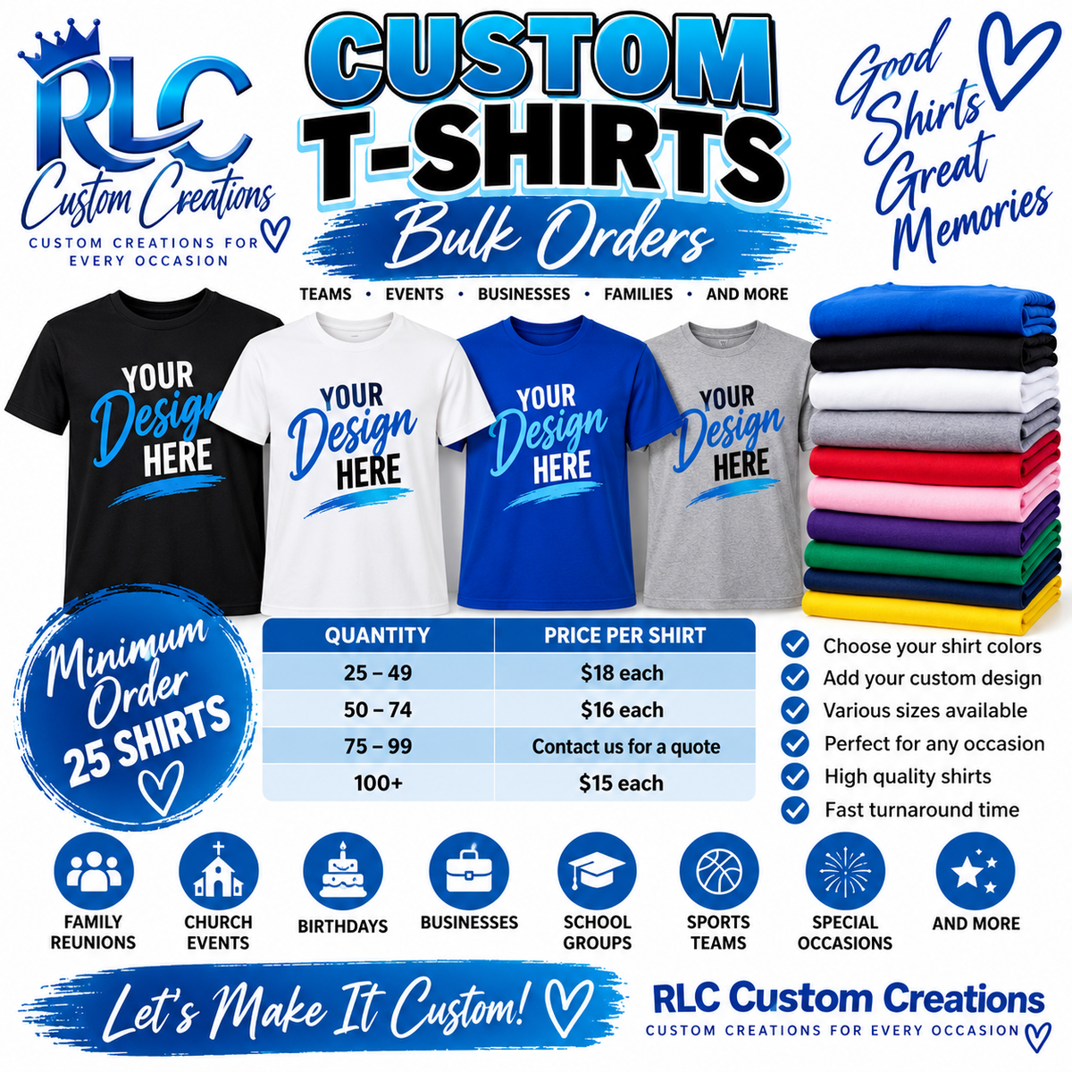 RLC Custom T-Shirts – Bulk Order Package (25 Shirts)